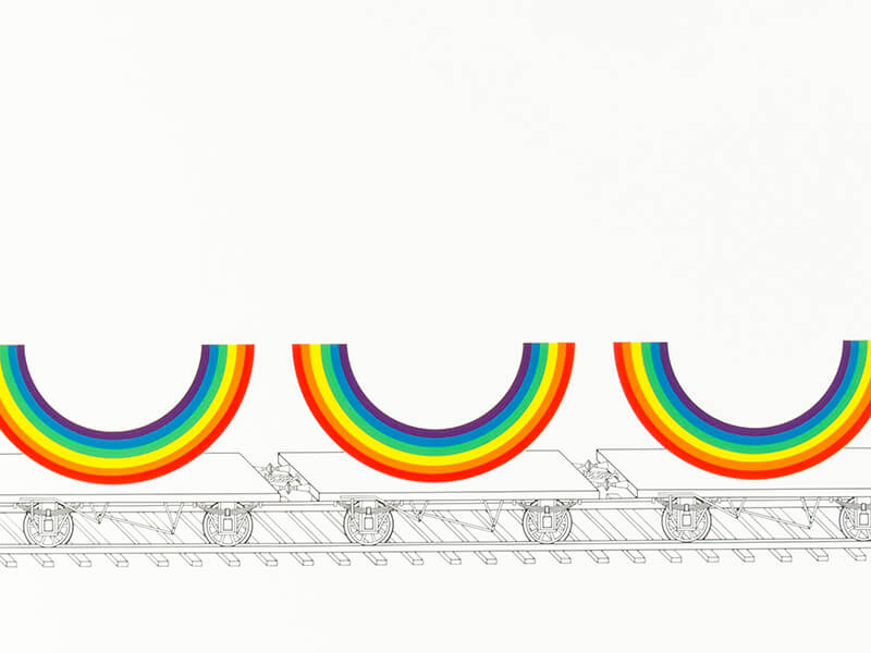 Patrick Hughes, "Rainbows on a Train," 1980.