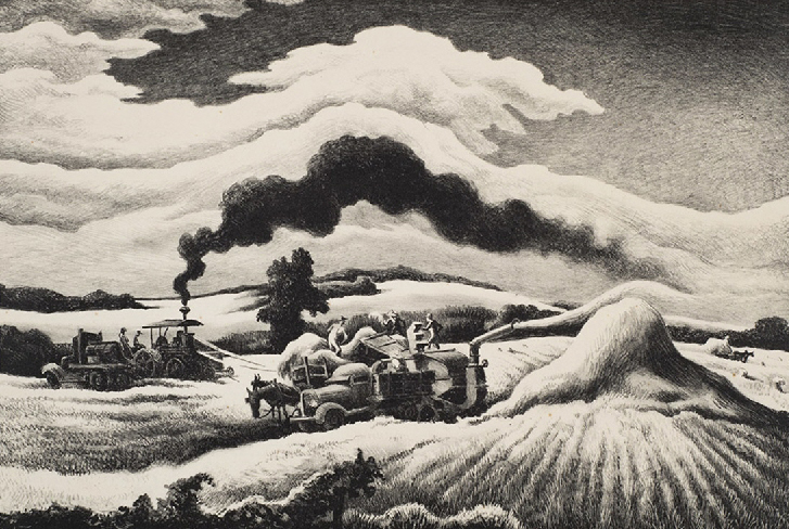 "Threshing," a lithograph by Thomas Hart Benton of agricultural workers and threshing machines.
