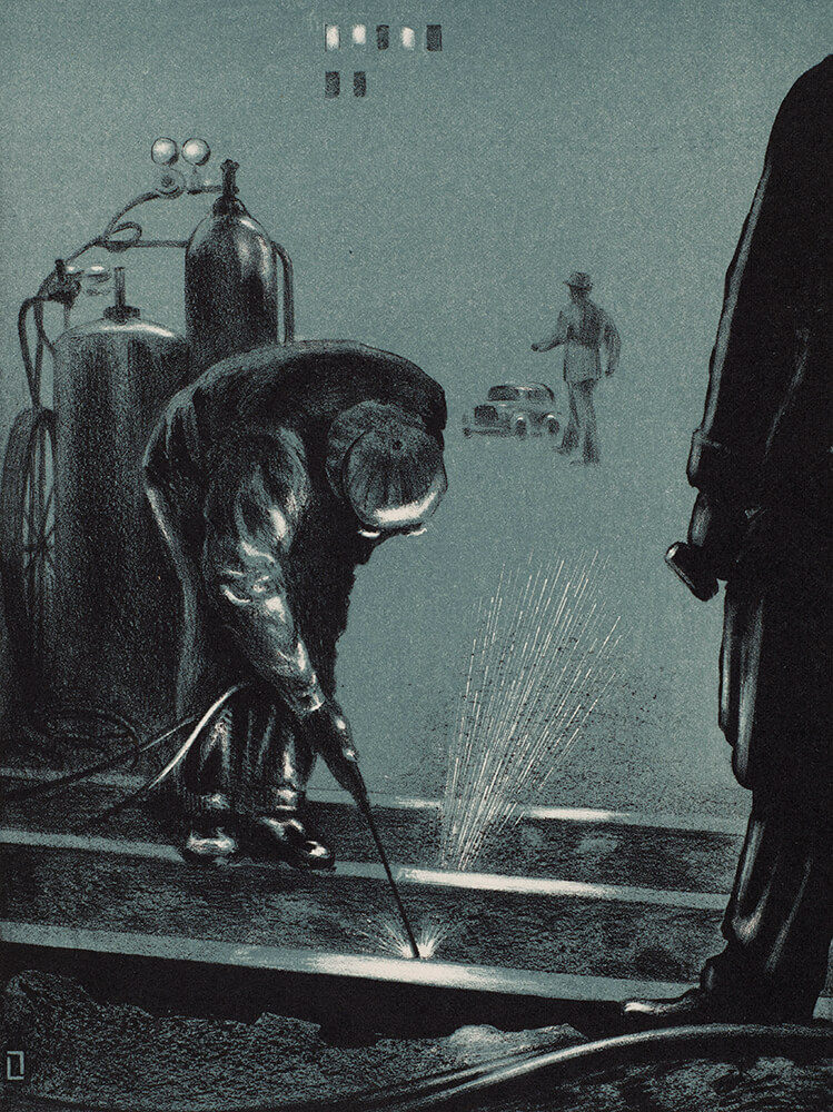 "Night Repairs," a lithograph by Louis Lozowick.