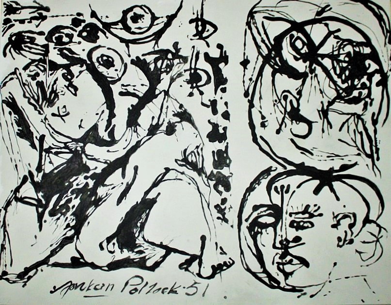 An abstract black and white painting of faces
