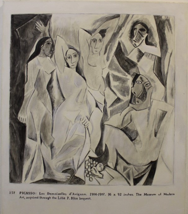 Five abstract figures in cubist style, with angular forms and neutral tones, surrounding a bowl of fruit.