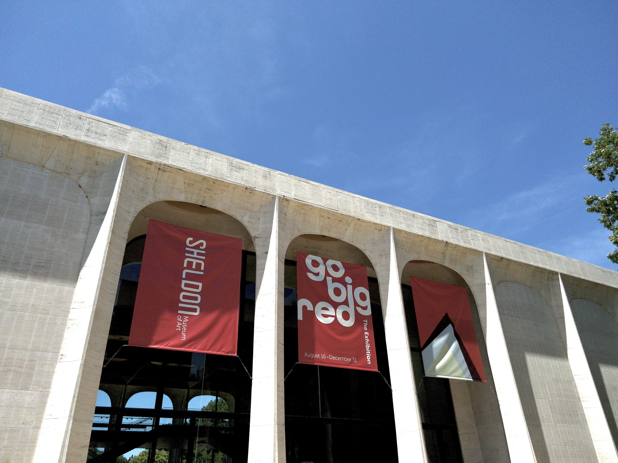 Exterior of Sheldon showing the banners for the Go BIg Red exhibit