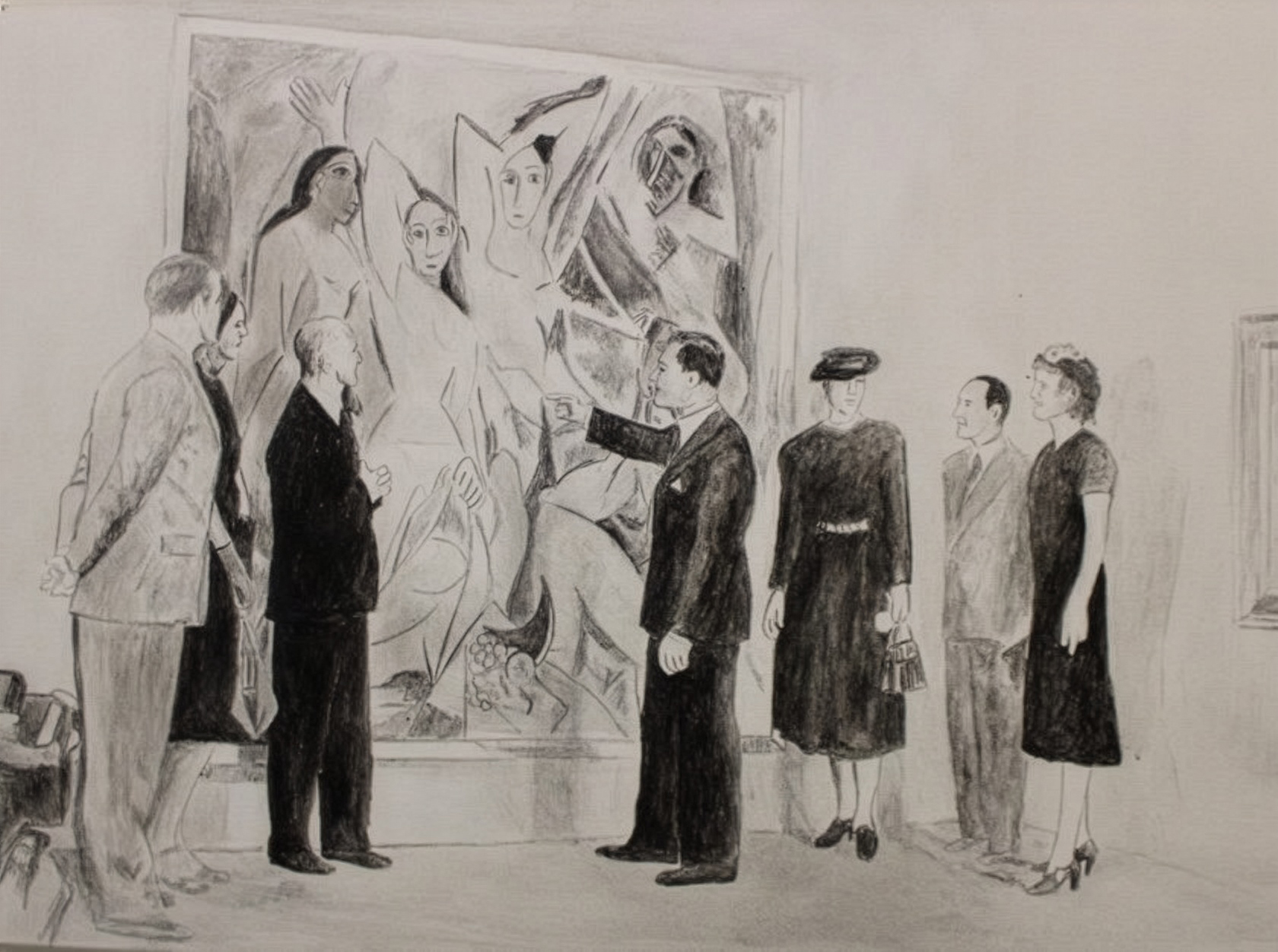 Black-and-white painting of a documentary photograph of people standing in front of Pablo Picasso's painting "Les Demoiselles d'Avignon."