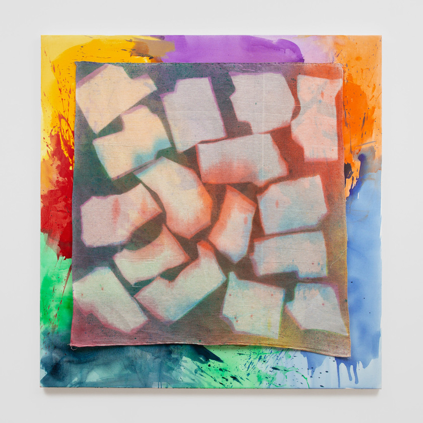 Rochelle Feinstein, "Someone Else’s Country," 2022. Acrylic, cotton drop cloth, rainbow thread, 60 × 58 inches.