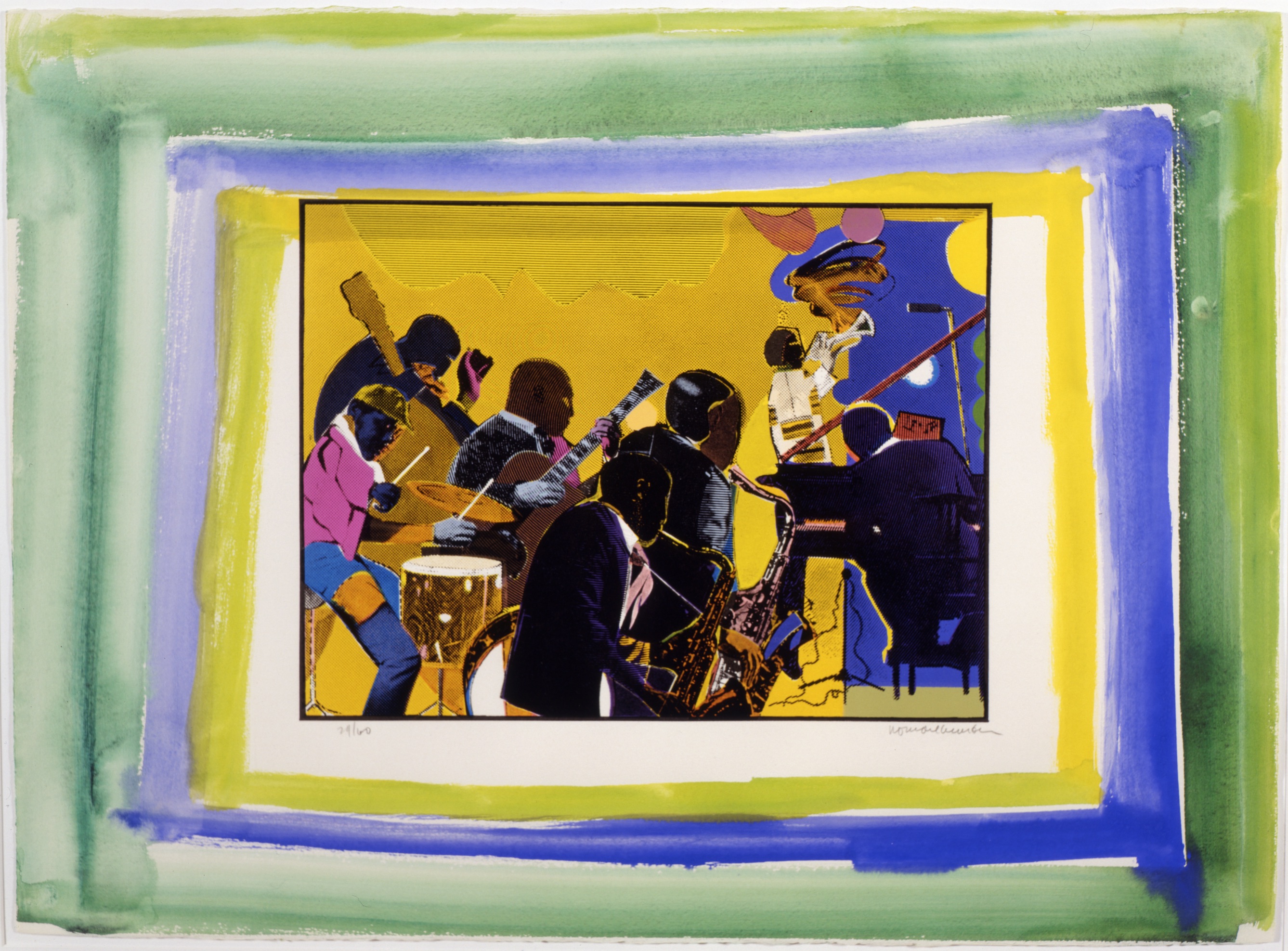 Musicians playing jazz instruments in vibrant colors, framed by layered green, blue, and yellow borders.