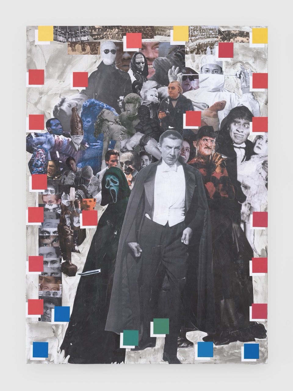 Collage of diverse figures with colorful square accents and a grayscale central figure in a cape.