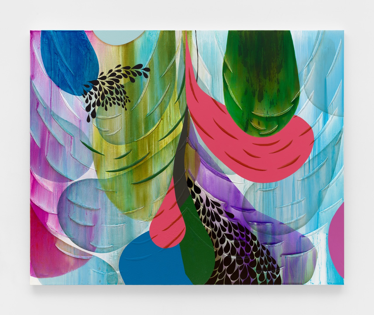 Abstract painting with vibrant green, blue, pink, and purple shapes, accented by black patterns.