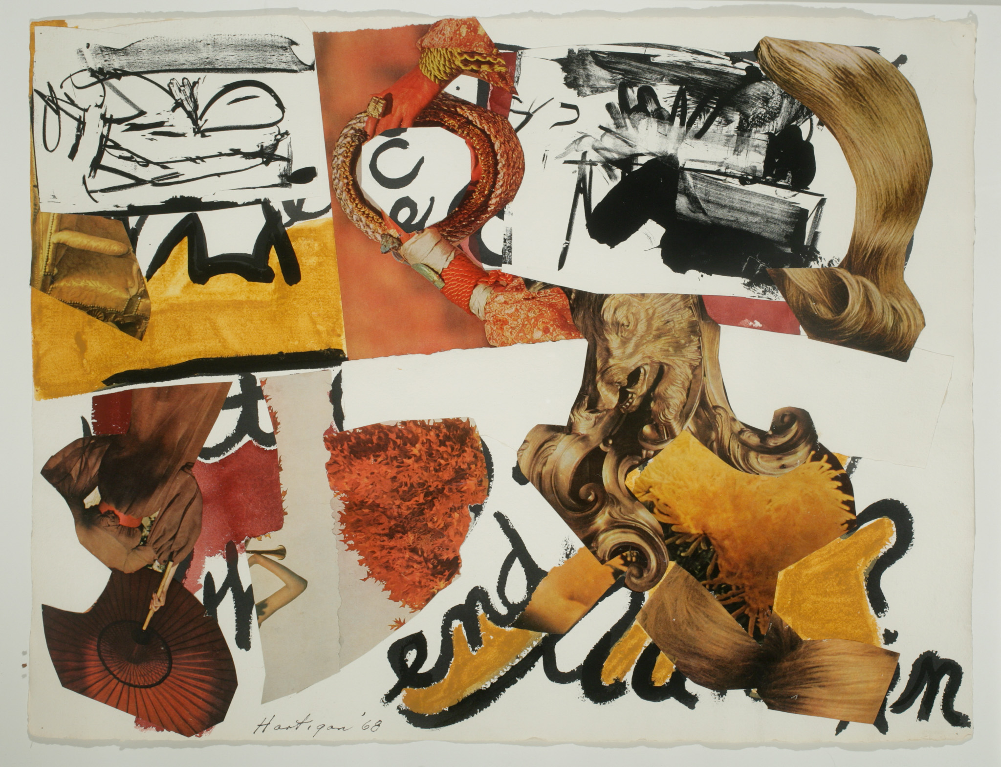 Abstract collage with layered textures, bold brushstrokes, and cut-out images of hair, hands, and text.