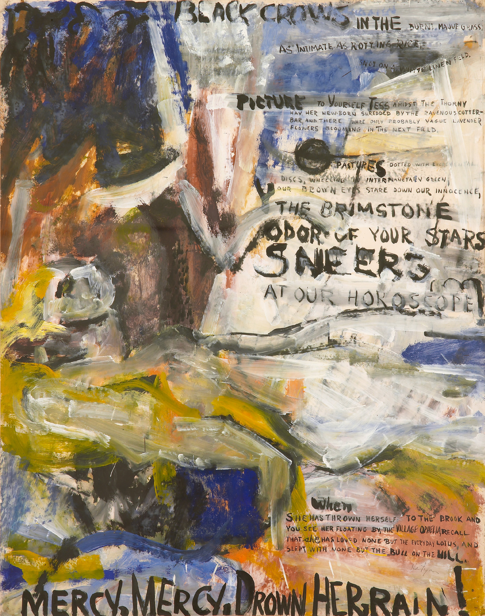 Chaotic abstract painting with vibrant strokes of blue, yellow, and white, and visible handwritten text.