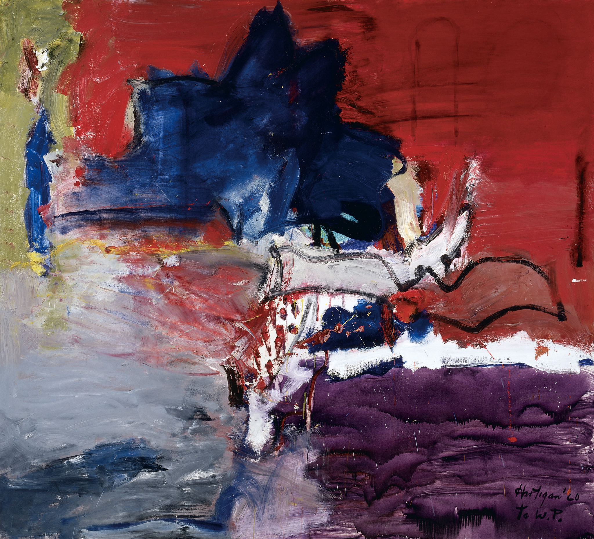 Abstract painting with vibrant blue, red, purple, and yellow brushstrokes in dynamic composition.