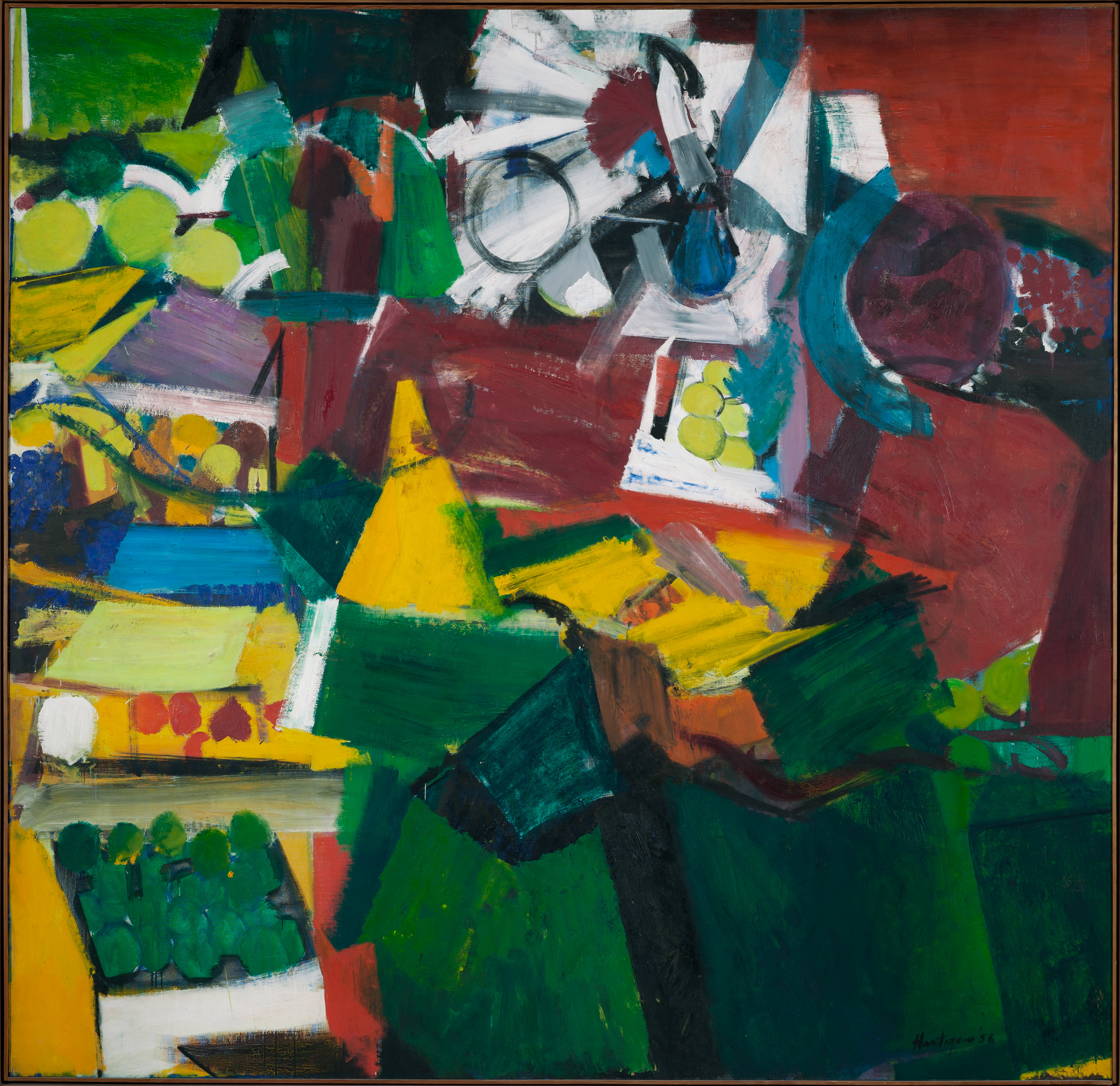 Abstract painting with vibrant shapes and colors, including green, red, yellow, and hints of blue.