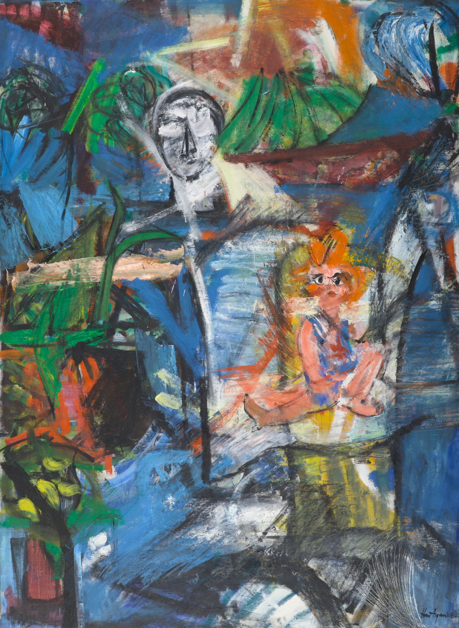 Abstract painting with vibrant blue, green, orange, and red hues, featuring distorted human-like forms.