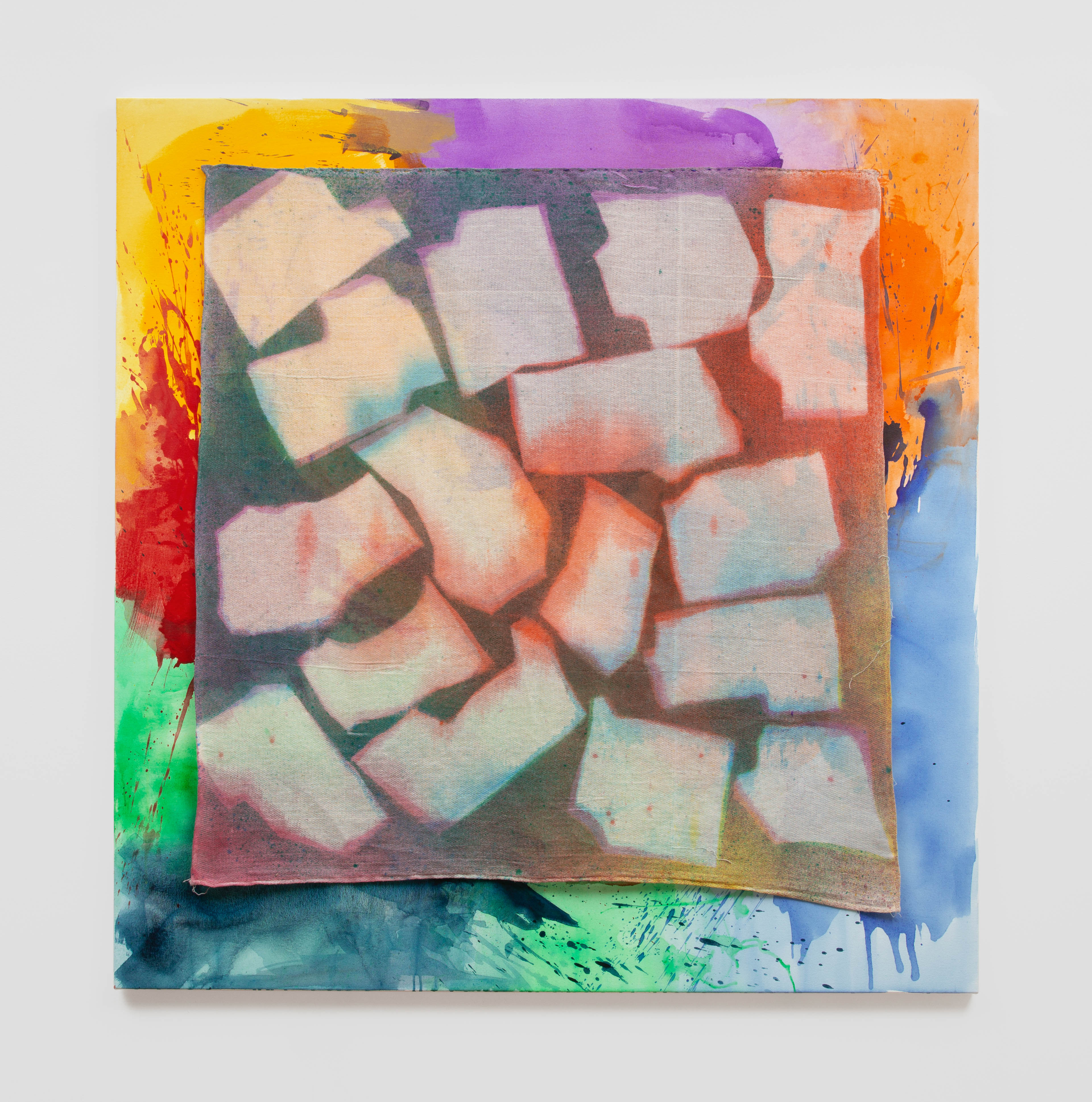 Abstract artwork with colorful layers of splattered paint and geometric shapes in soft gradients.