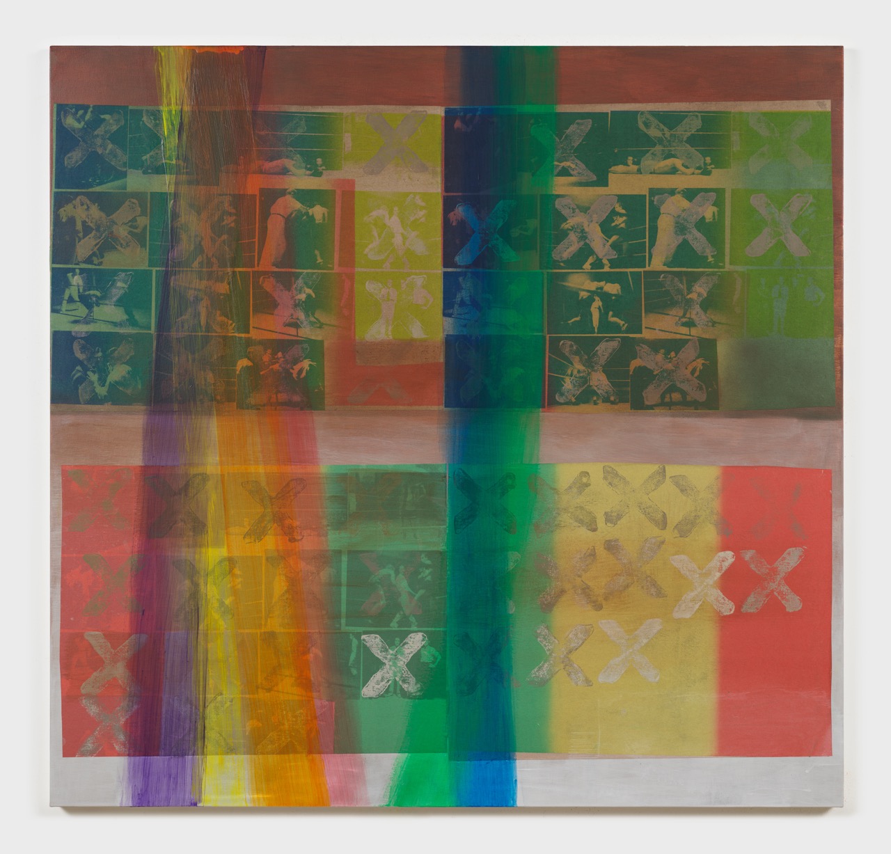 Colorful abstract artwork with overlapping X patterns and vertical rainbow-like streaks.