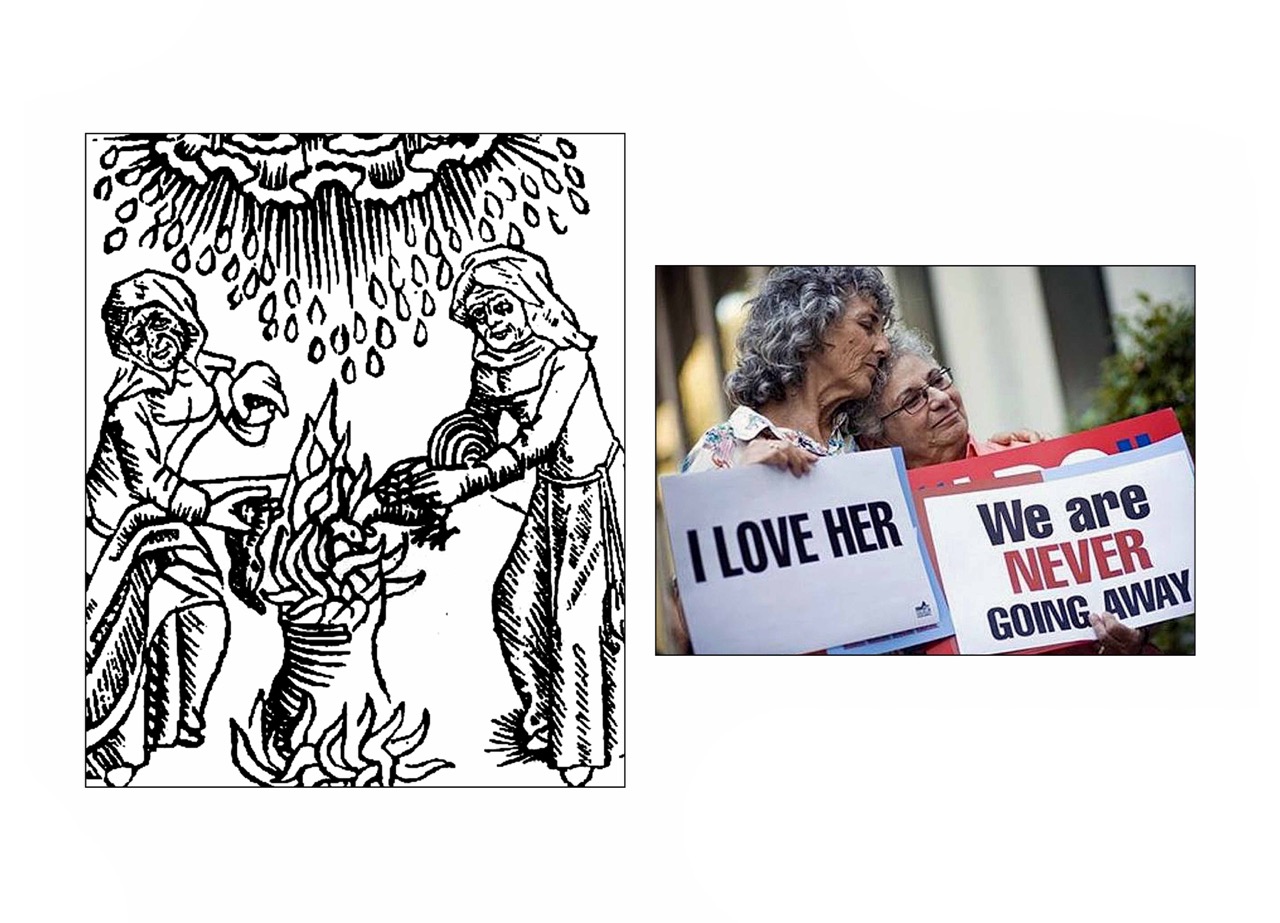 Two women tending a fire in a woodcut; three people holding signs expressing love and solidarity.