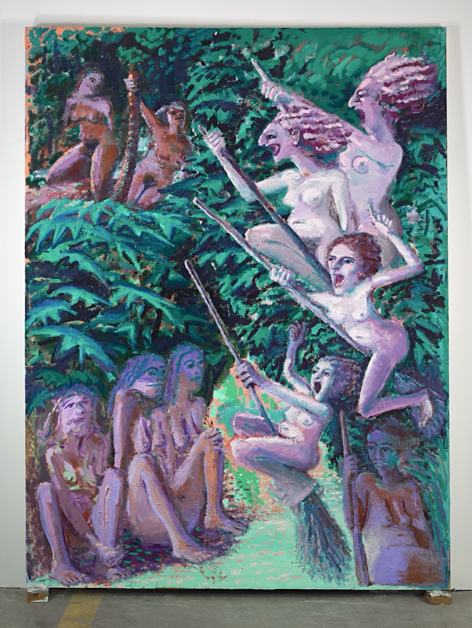 A dramatic, colorful painting of women riding broomsticks in a mystical jungle setting.