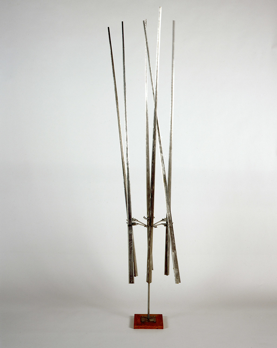 Thin metal rods intersect vertically and diagonally, mounted on a small red base.