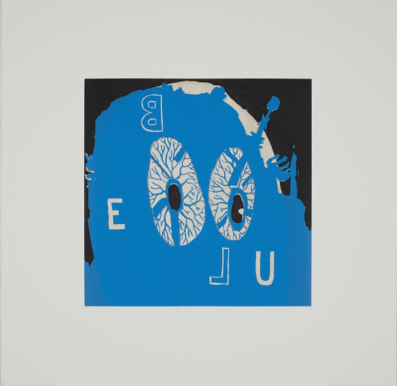 Abstract art with black, blue, and white shapes, including tree-like patterns and scattered letters.