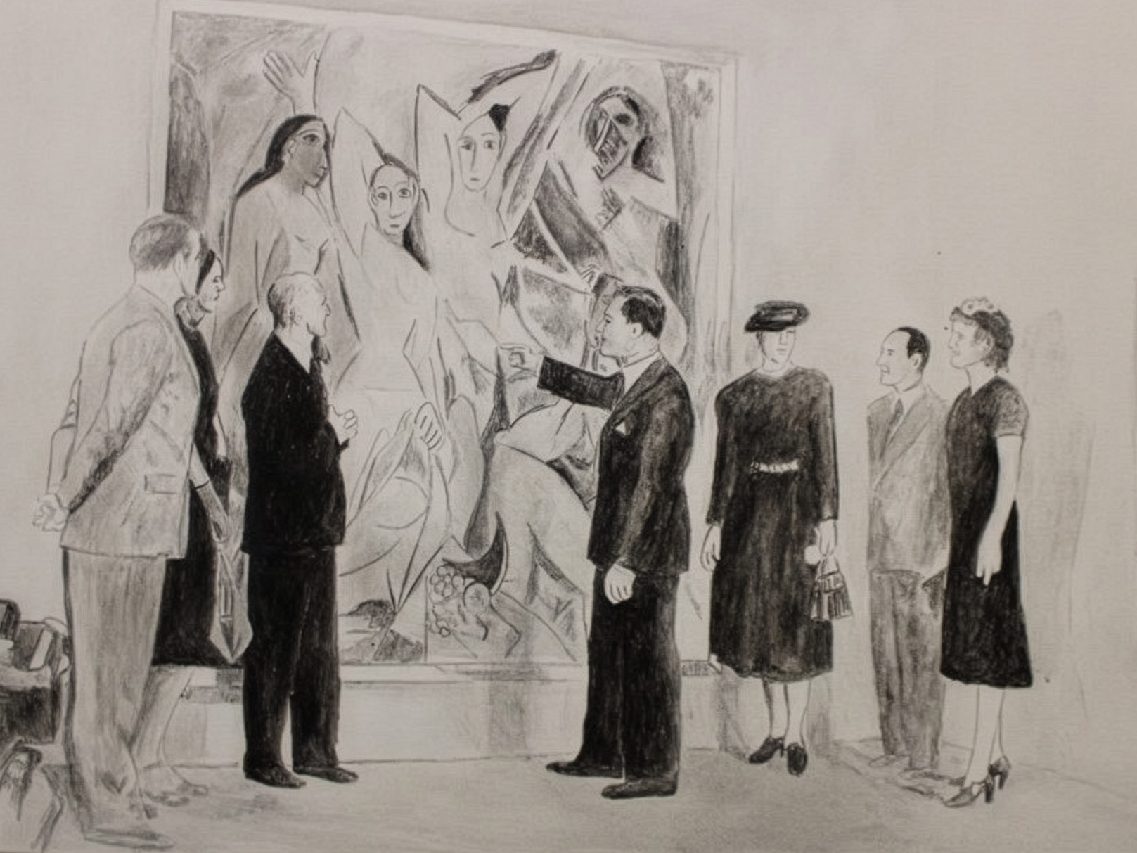 Black-and-white painting of a documentary photograph of people standing in front of Pablo Picasso's painting "Les Demoiselles d'Avignon."