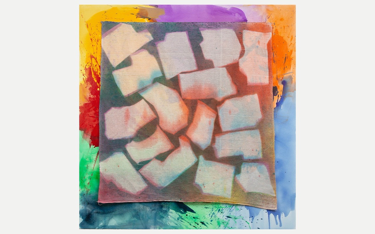 Colorful abstract artwork with geometric shapes on a vibrant, multicolored background.