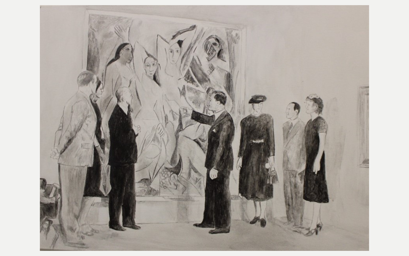 Gallery scene with figures studying abstract art in grayscale.