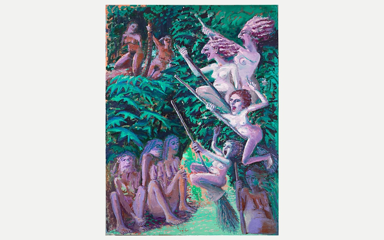 Women with spears in a vibrant jungle setting, some seated and others leaping among lush foliage.
