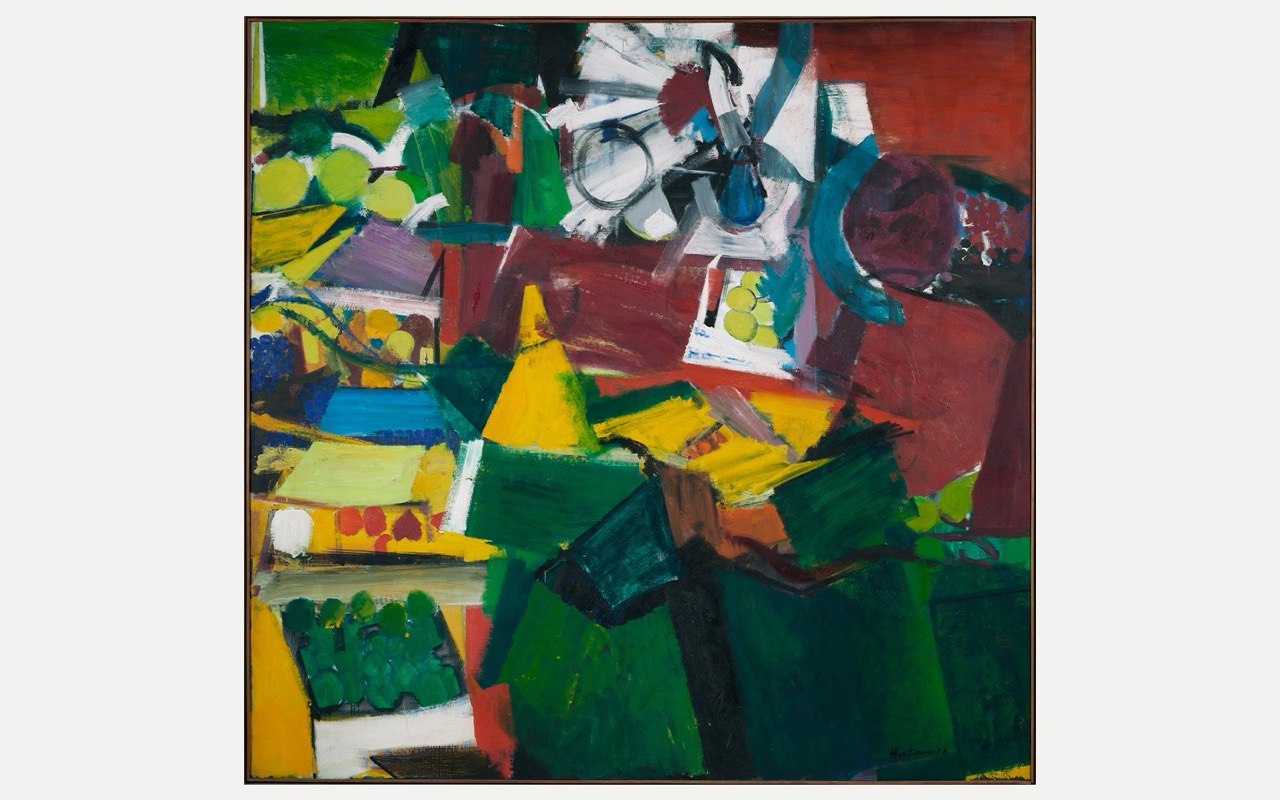 Abstract composition with bold shapes and colors, including green, yellow, red, and white areas.